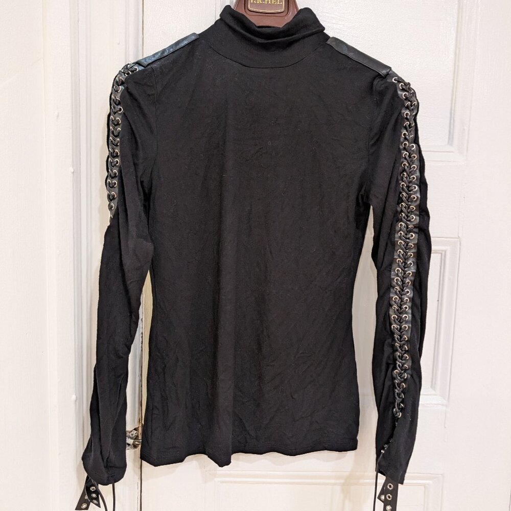 Gracia Women's Lace up Faux Leather Trim Long Sleeve Black Turtleneck Top Size S